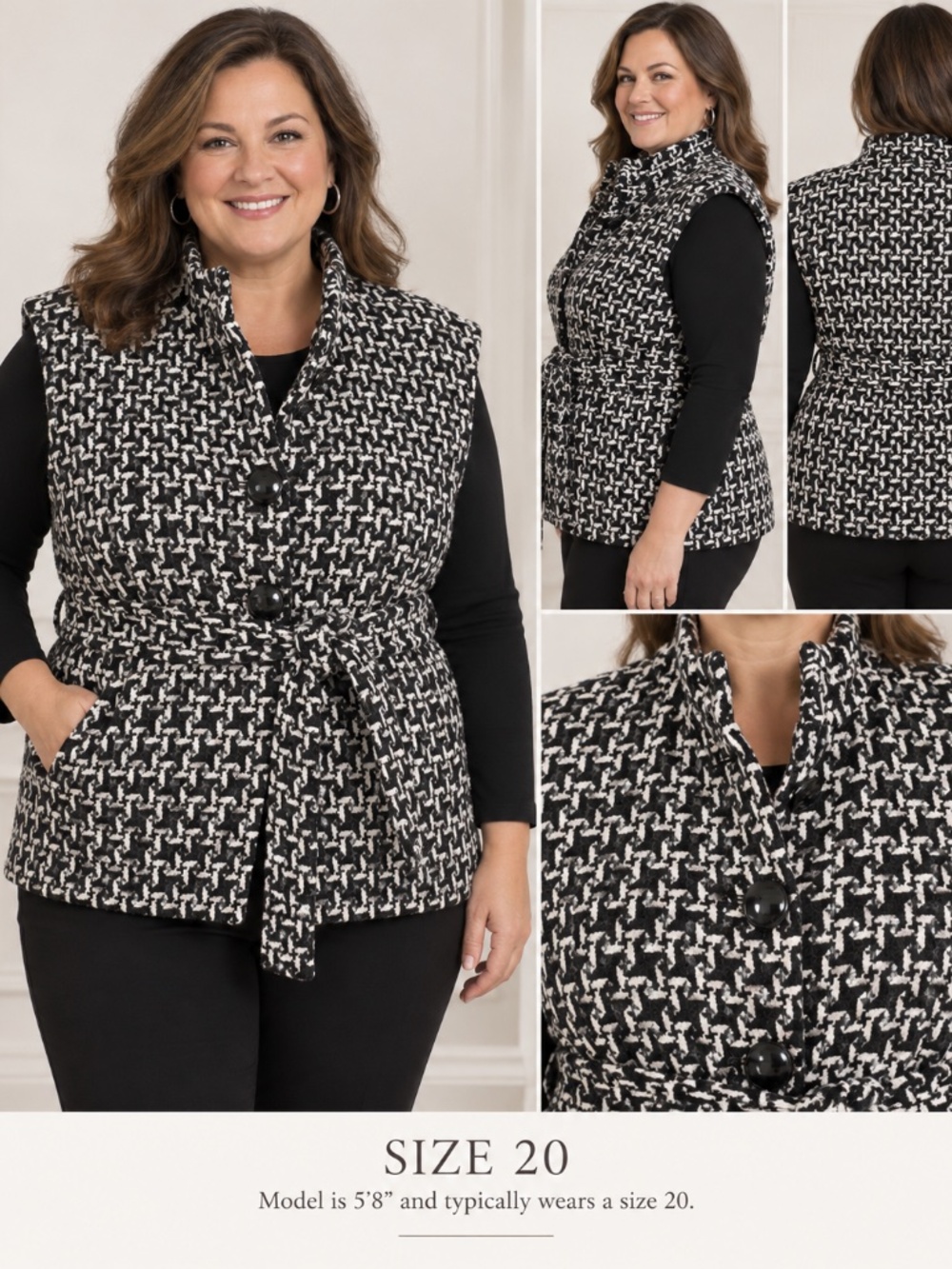 CJ Banks 20W Black White Houndstooth Belted Vest Jacket Plus Size
